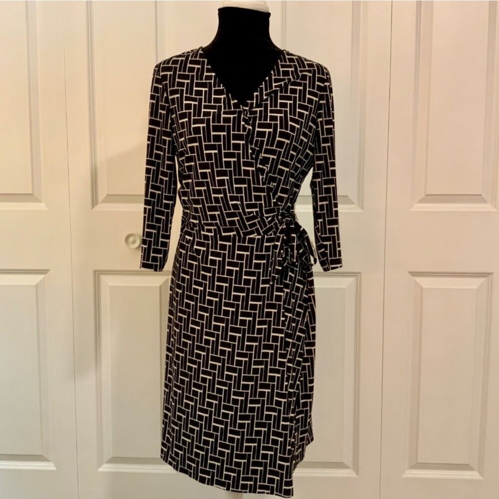 Lauren Ralph Lauren Black White Geo Print Jersey Faux Wrap Dress Size 12